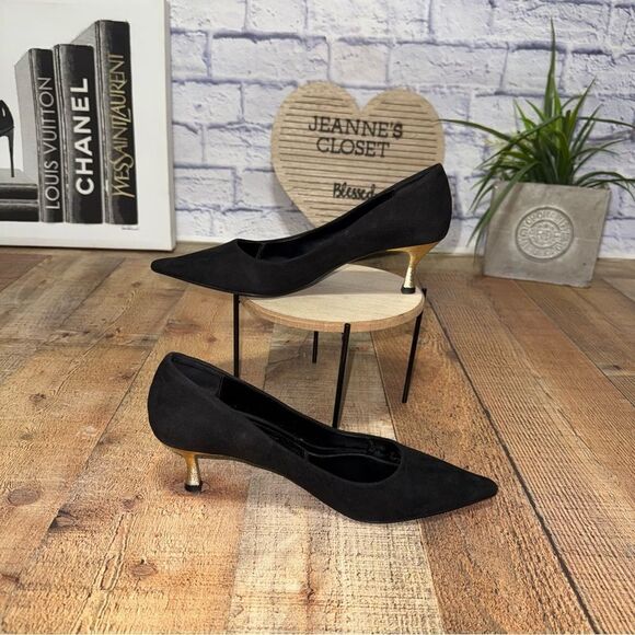 Zara black & gold kitten heel pointed toe pumps heels - Picture 3 of 10